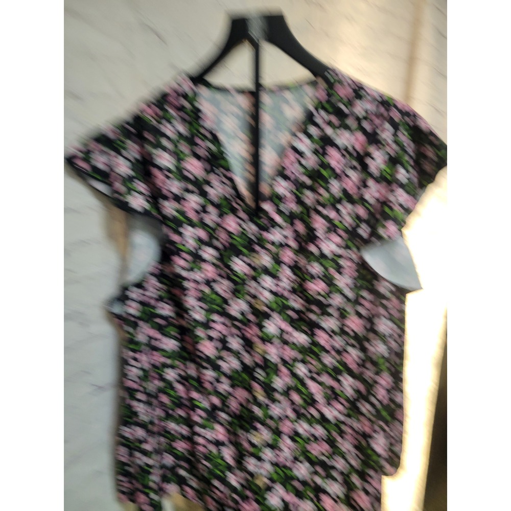 Shein Curve Womens 4XL Black Pink Floral Button Up V-Neck Flutter Sleeve Blouse